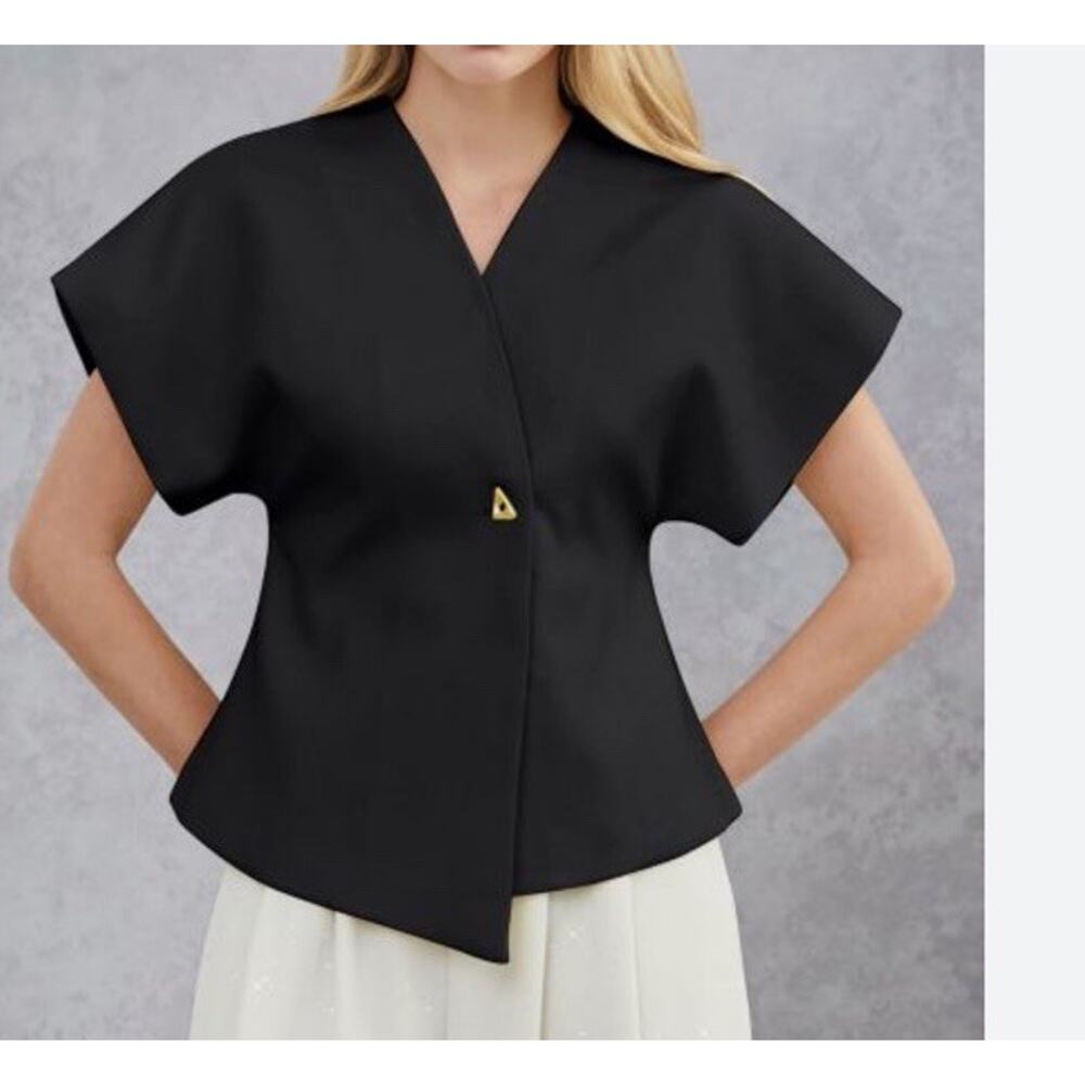 Commense top Small Black Batwing Short Sleeves Gold Button Diagonal Design